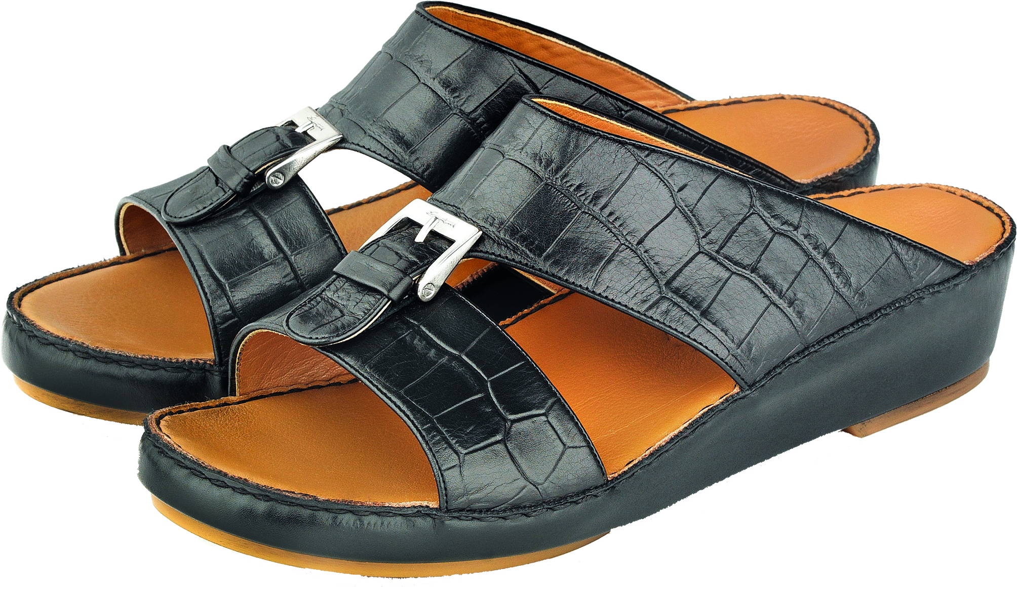 Pair Of Dark Green Leather Slide Sandals With Orange Footbeds