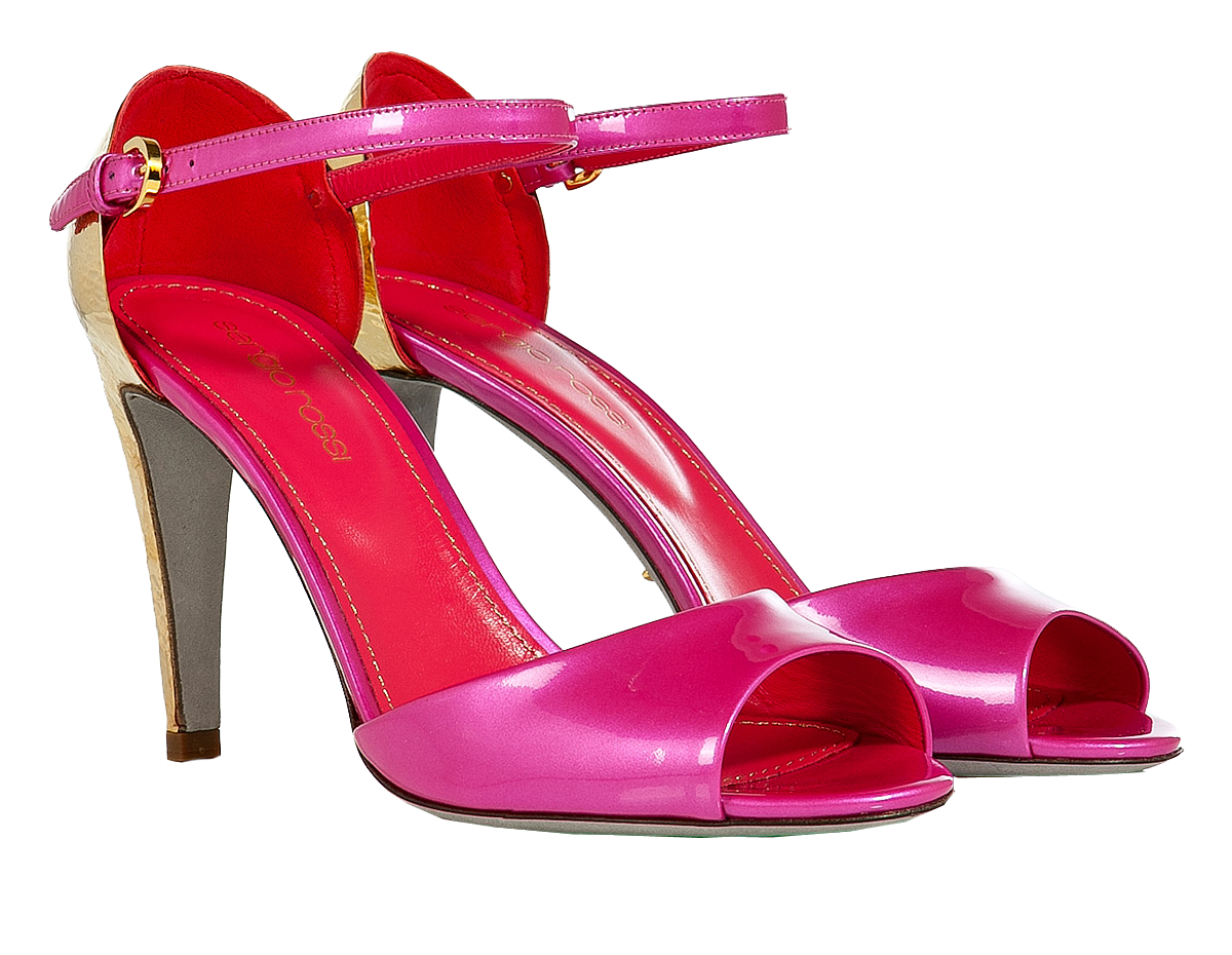 Pair Of Glossy Pink Open Toe High Heel Sandals Product Photo