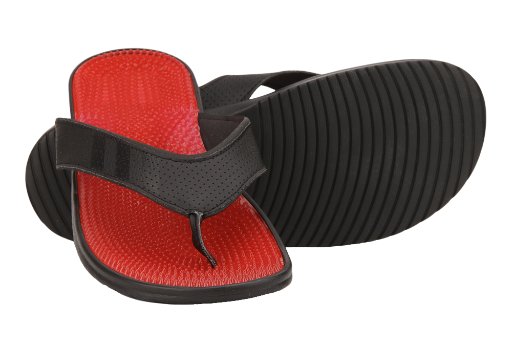 Pair Of Red Flip Flop Sandals With Black Textured Rubber Soles