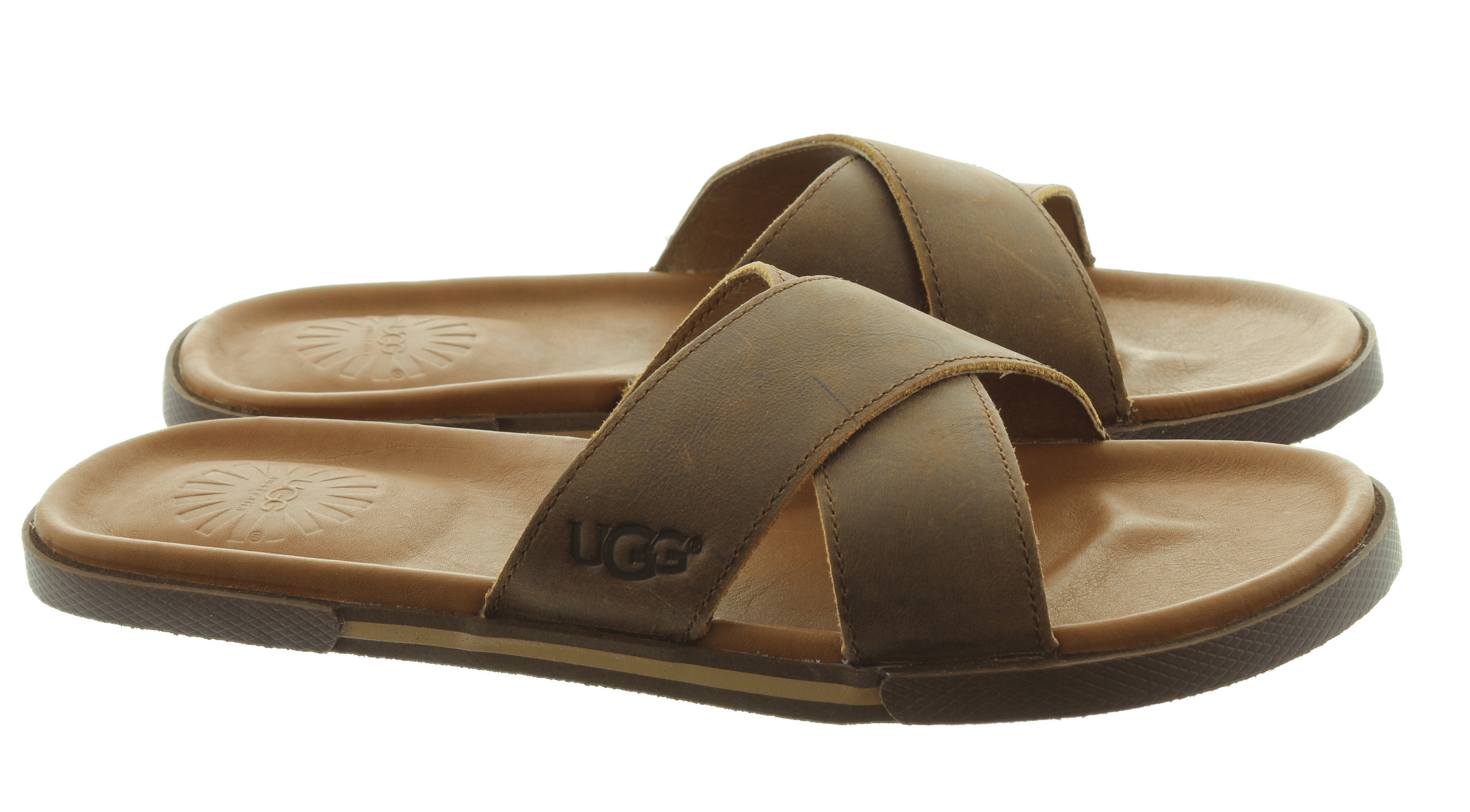 Pair Of Tan UGG Slide Sandals With Wide Suede Cross Straps