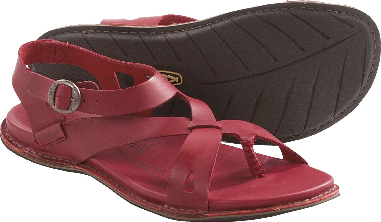 Red Womens Flat Sandal With Buckled Ankle Strap And Toe Loop