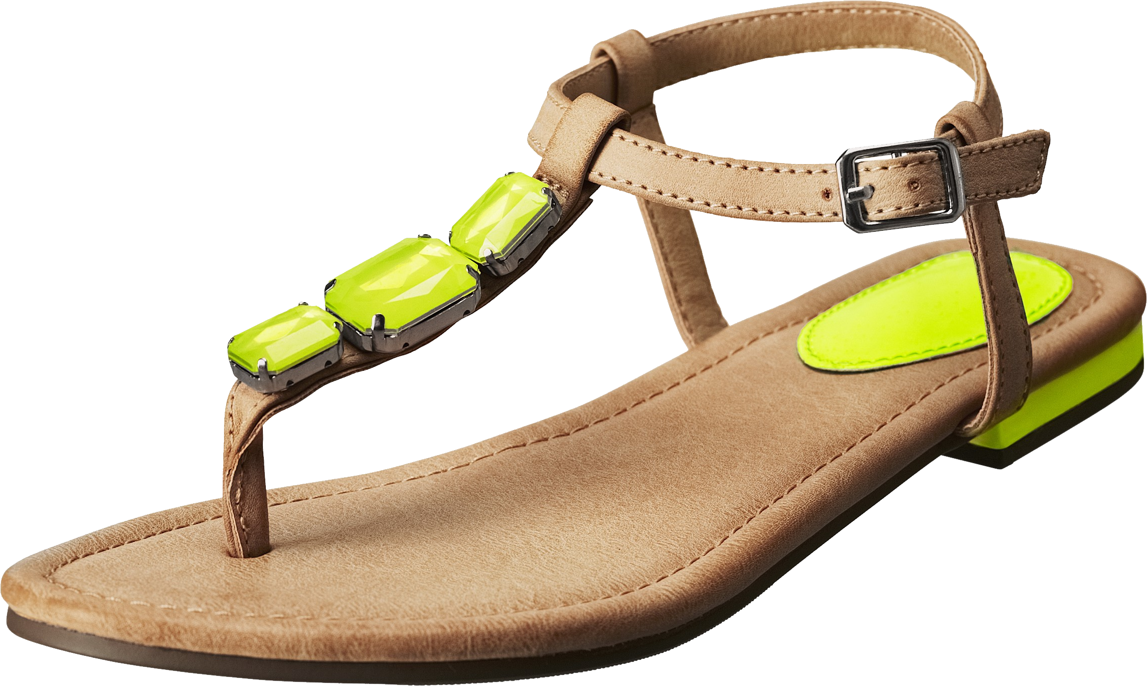 Tan Flat Sandal With Neon Green Gemstone Strap Decorations
