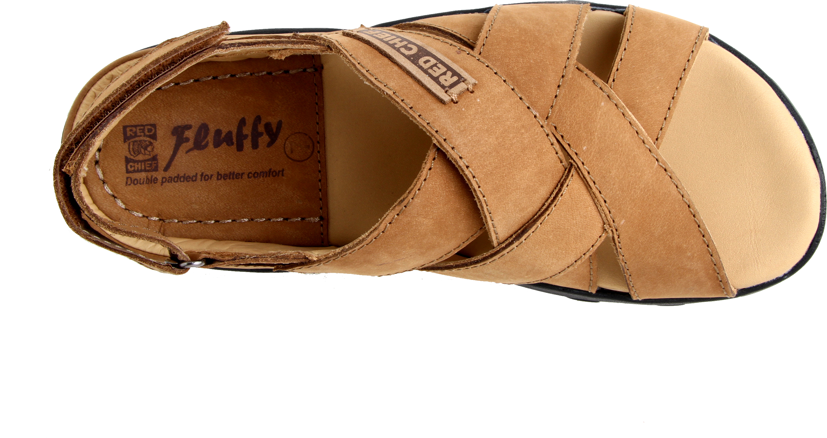 Top View Of Tan Leather Sandal With Crossed Strap Design