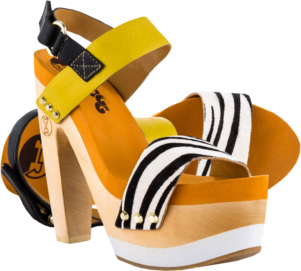 Yellow White And Black Striped Platform Sandals With Block Heels