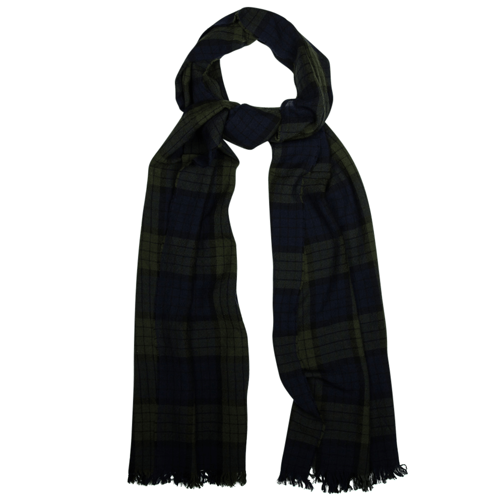 Black And Navy Plaid Tartan Scarf With Long Fringe Tassels