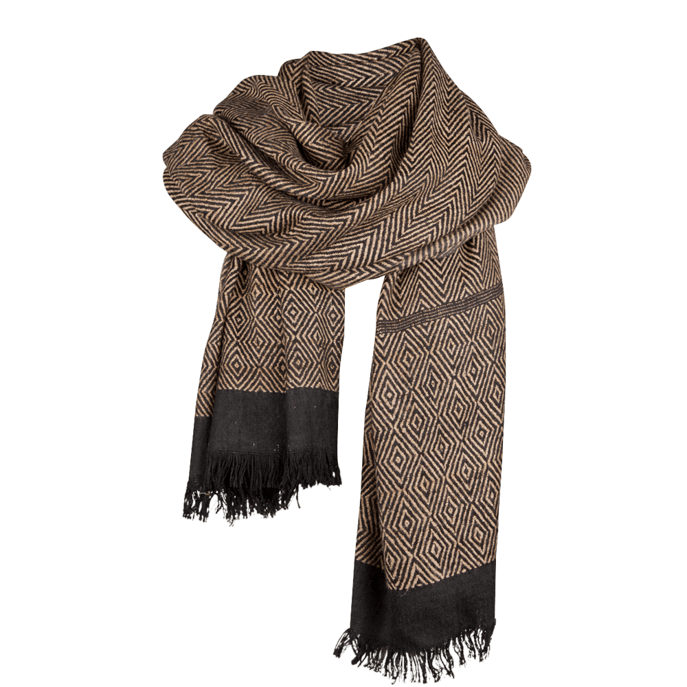 Brown And Beige Textured Wool Scarf With Dark Fringe Tassels