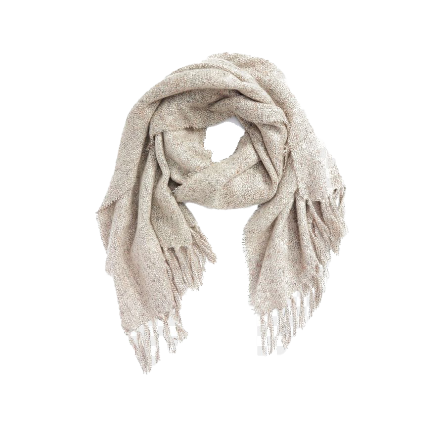 Cream Beige Knit Scarf With Soft Fringed Tassel Edges