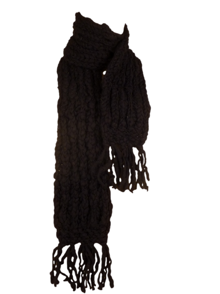 Long Black Knit Scarf With Fringed Ends Isolated PNG Image