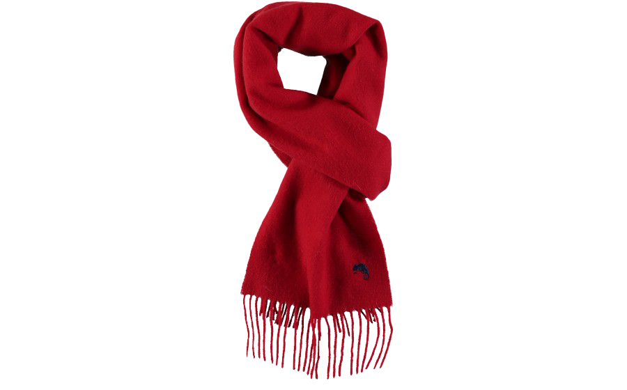 Red Knit Scarf Tied In A Neat Knot With Fringed Ends