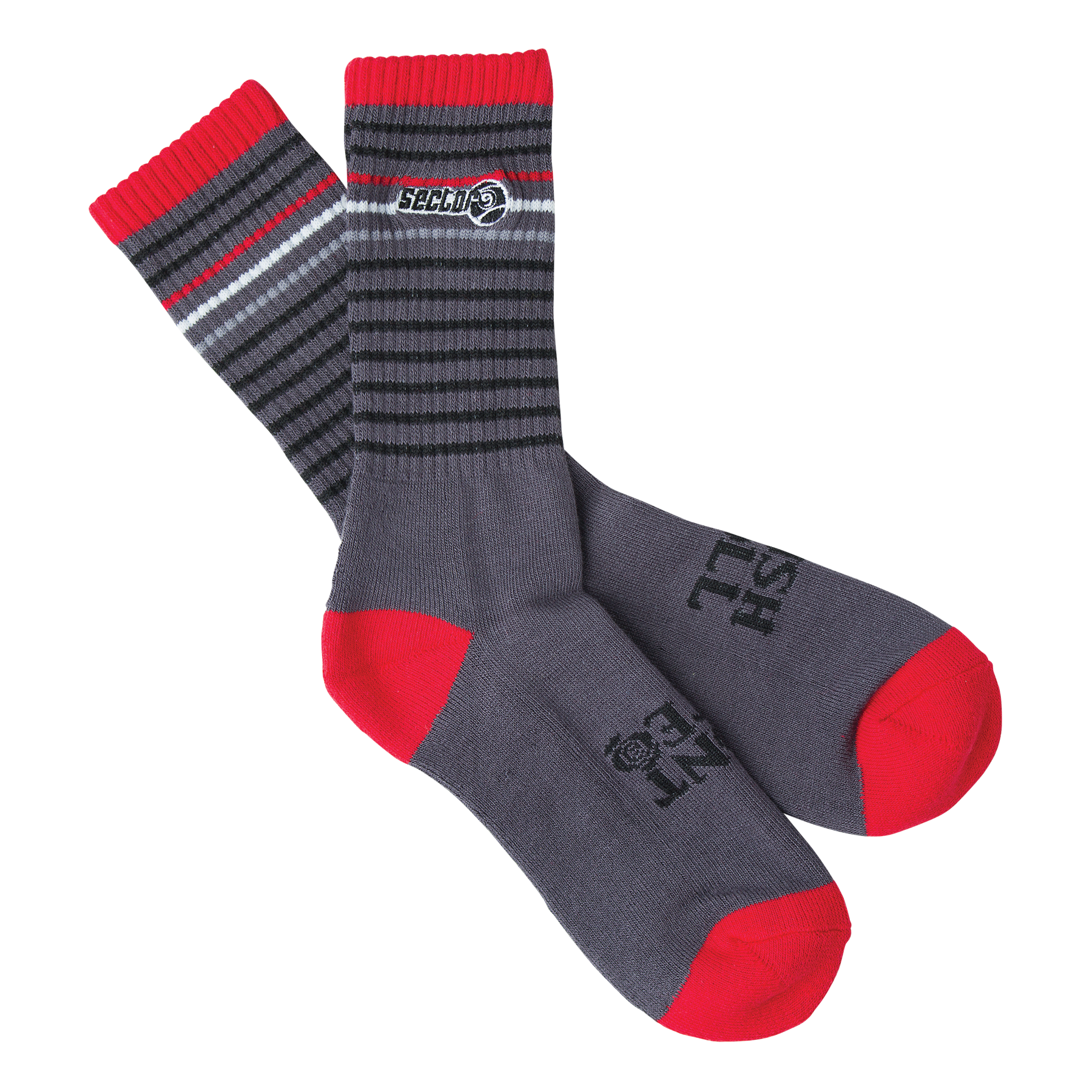 Two Pairs Of Gray Sports Socks With Red Toe And Heel Accents