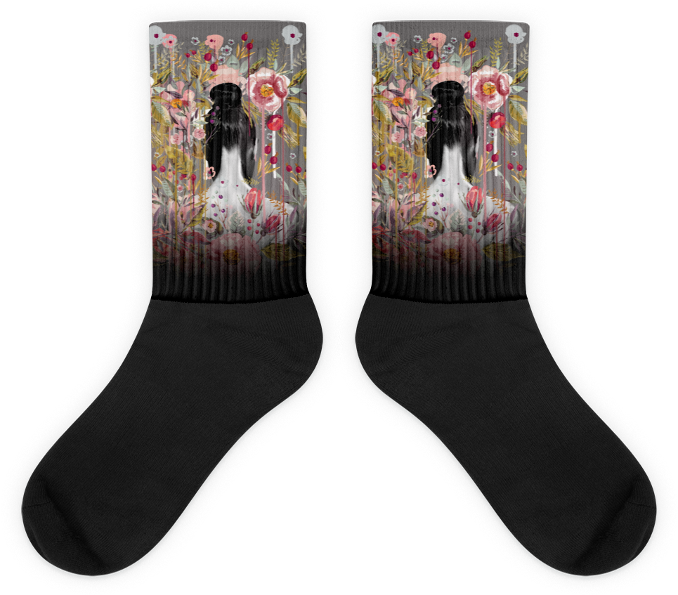 Black Crew Socks With Colorful Character Print On The Cuffs