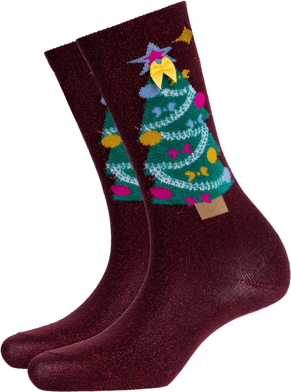 Burgundy Christmas Sock With Festive Tree Pattern And Snow Design
