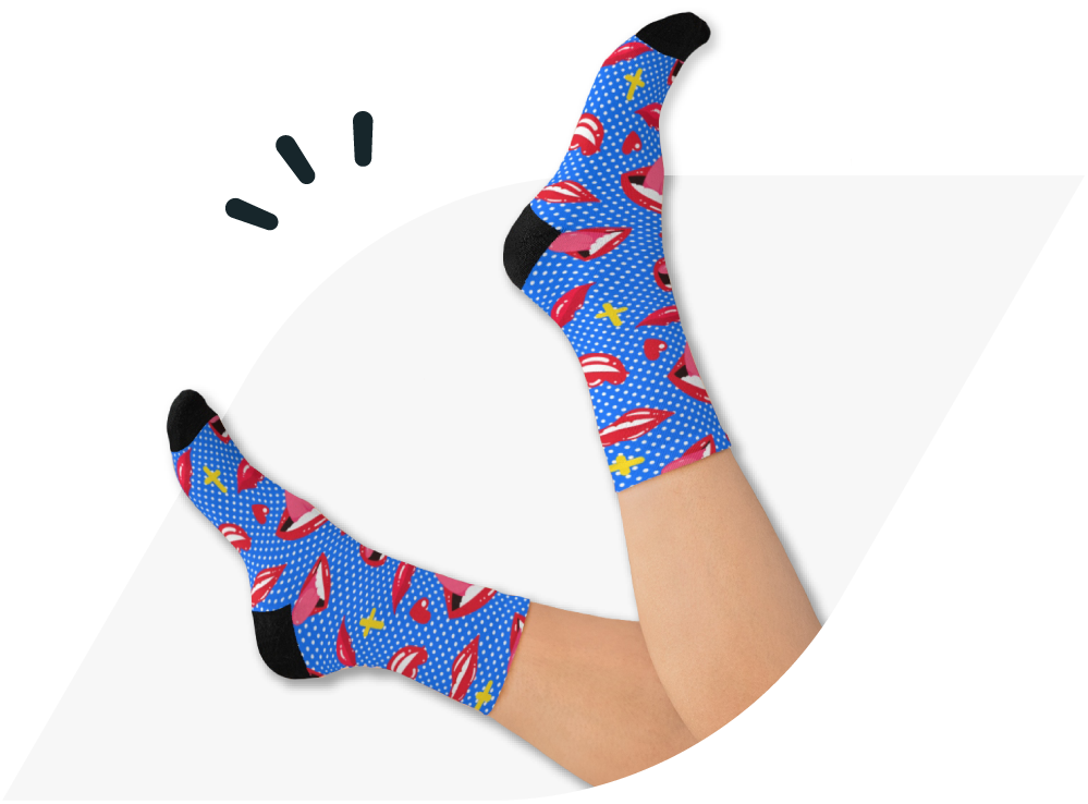 Feet Wearing Blue Socks With Red Pattern In Relaxed Sitting Pose