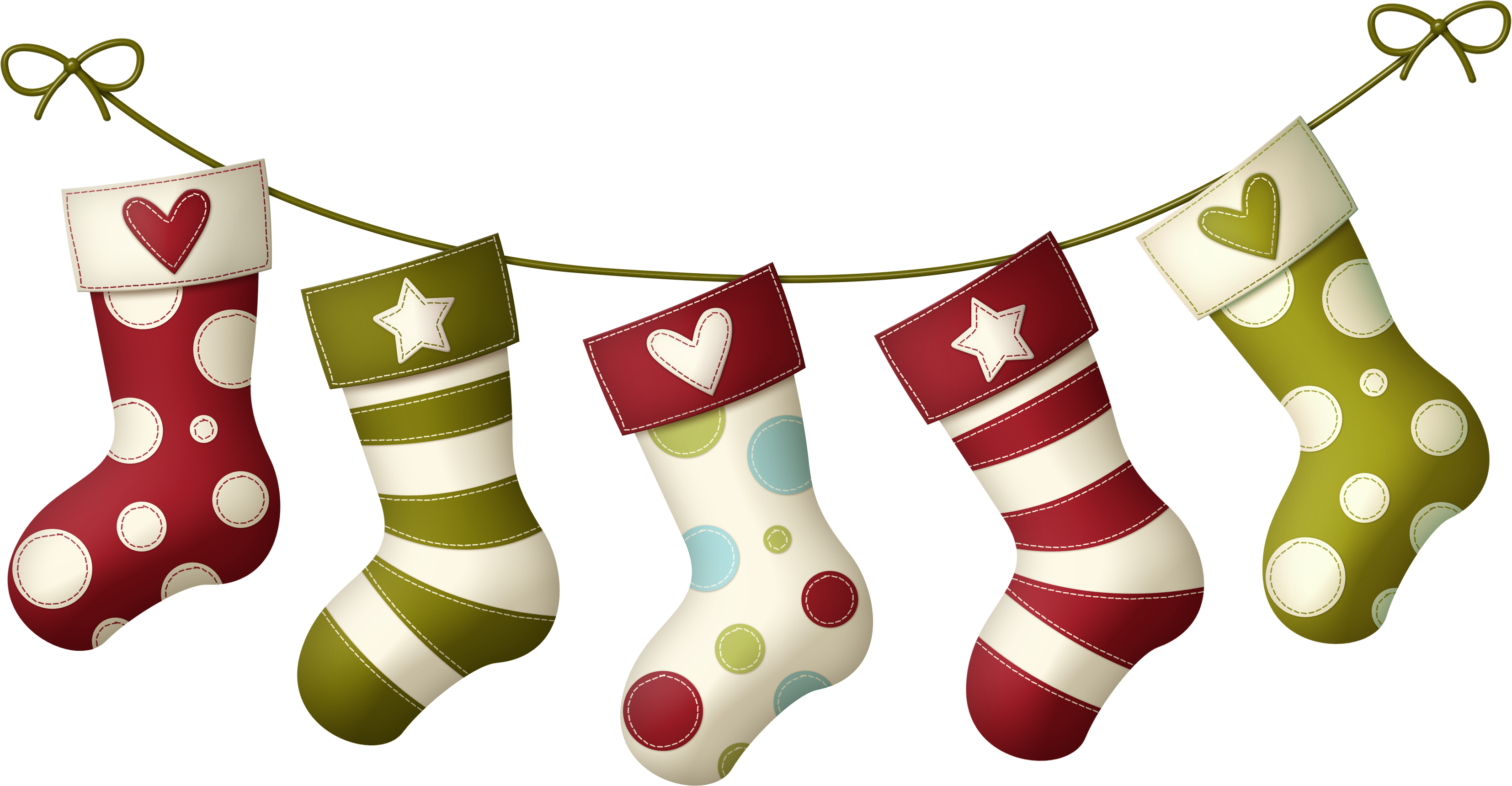 Five Colorful Christmas Stockings Hanging On Decorative Garland
