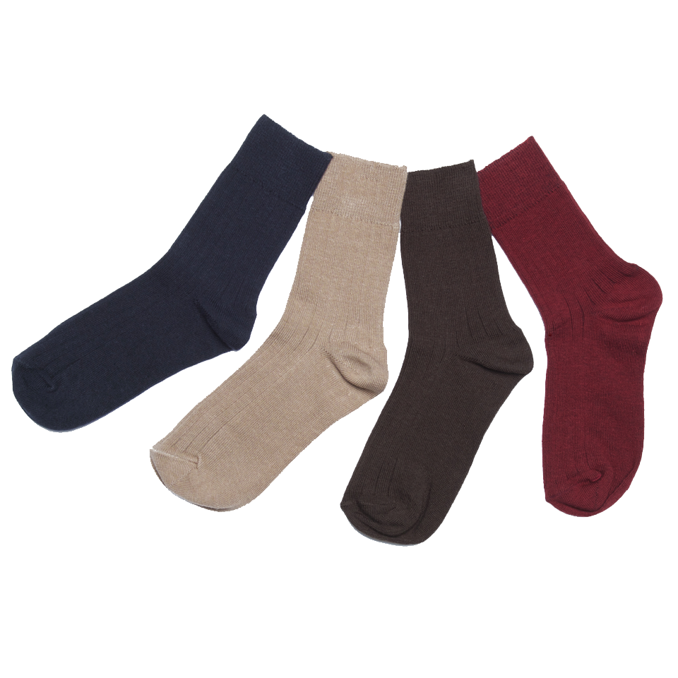 Four Pairs Of Solid Color Crew Socks In Navy Tan Brown And Burgundy