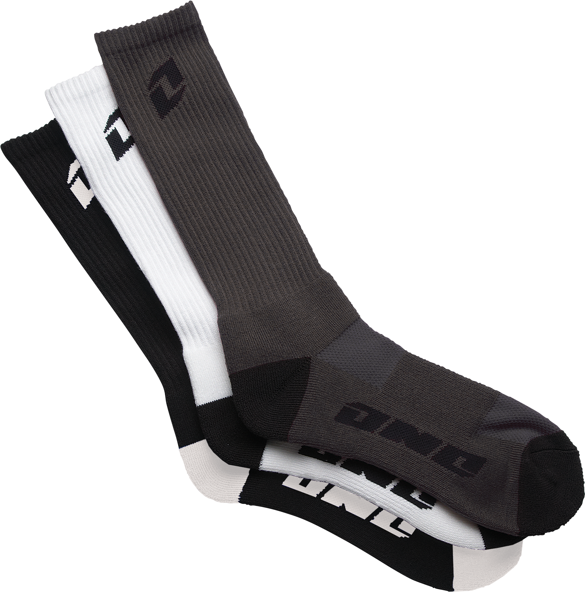Pair Of Black White And Gray Athletic Crew Socks With Large Logos