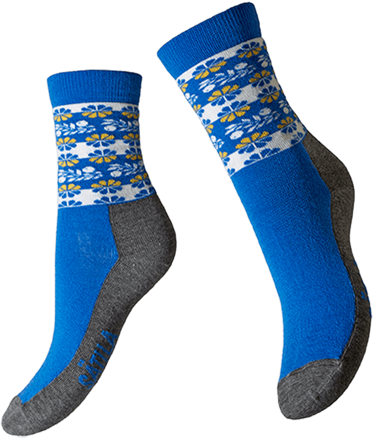 Pair Of Blue Athletic Socks With Geometric Pattern And Gray Toes