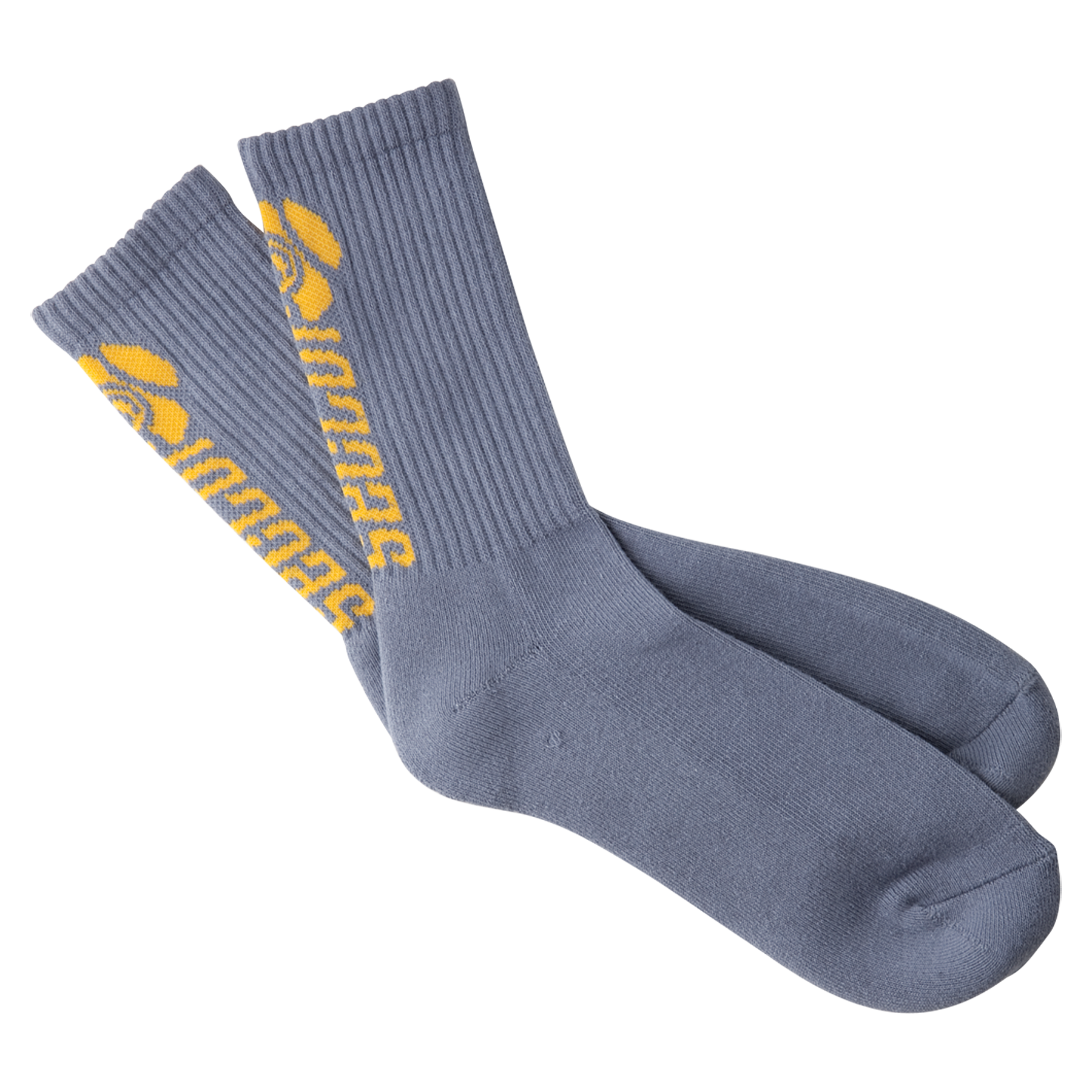 Pair Of Gray Crew Socks With Yellow Stripes And Printed Lettering