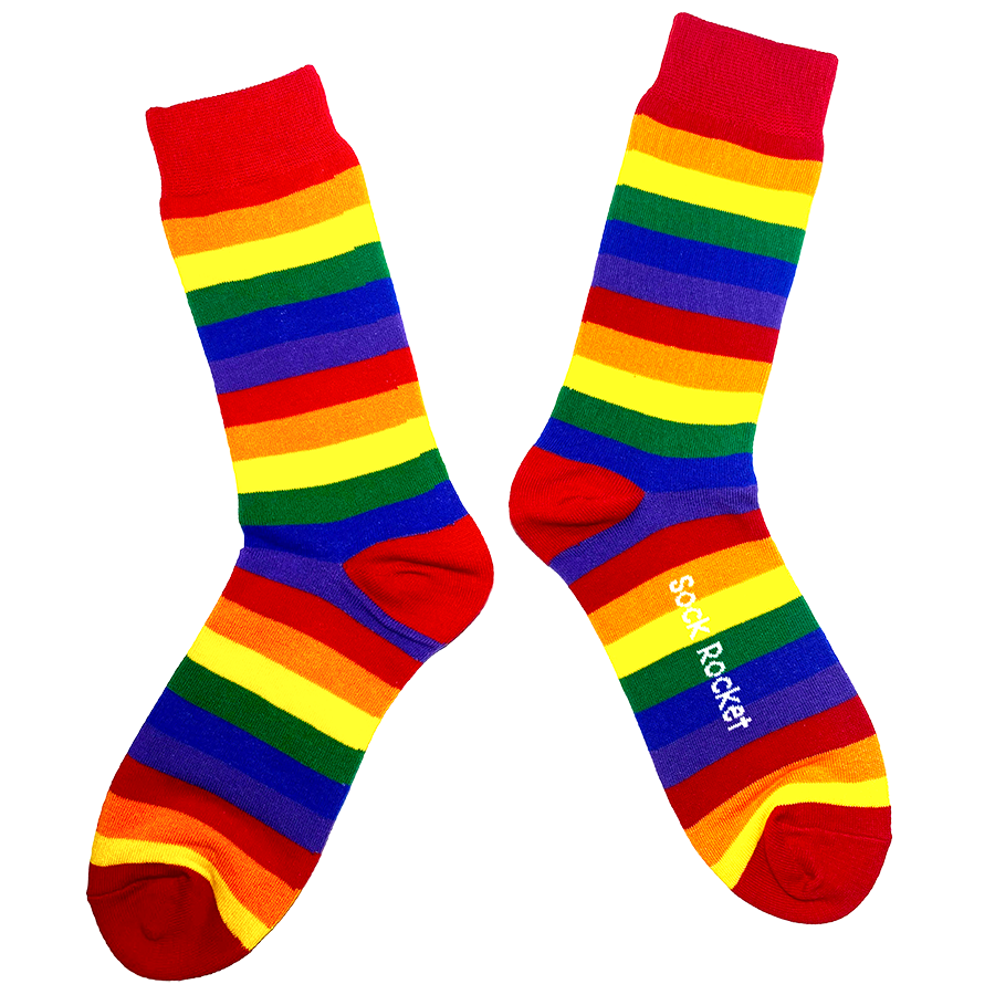 Pair Of Rainbow Striped Knee High Socks With Bright Colors