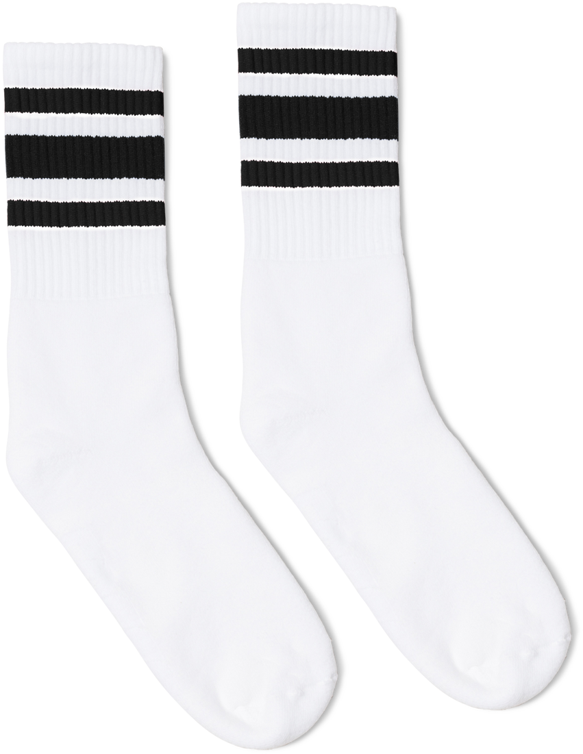 Pair Of White Athletic Crew Socks With Two Black Stripes