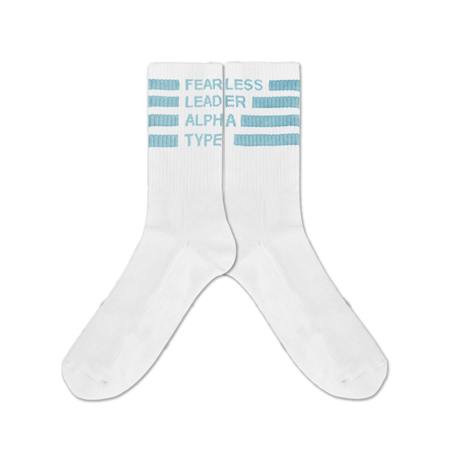 Pair Of White Crew Socks With Light Blue Printed Lettering