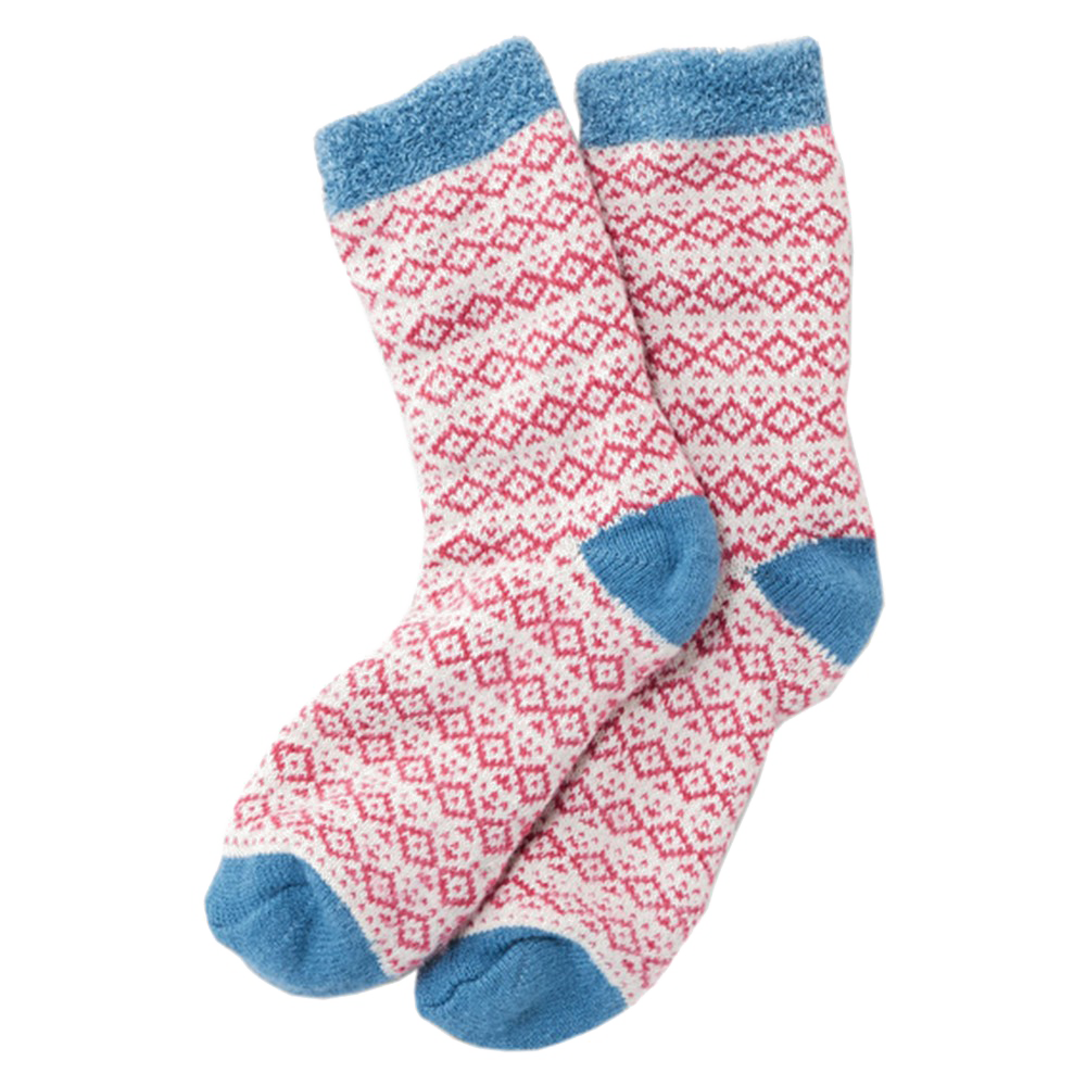 Pair Of White Nordic Knit Socks With Red Geometric Pattern