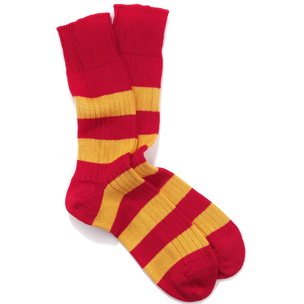 Red And Gold Striped Crew Socks Pair With Ribbed Cuffs