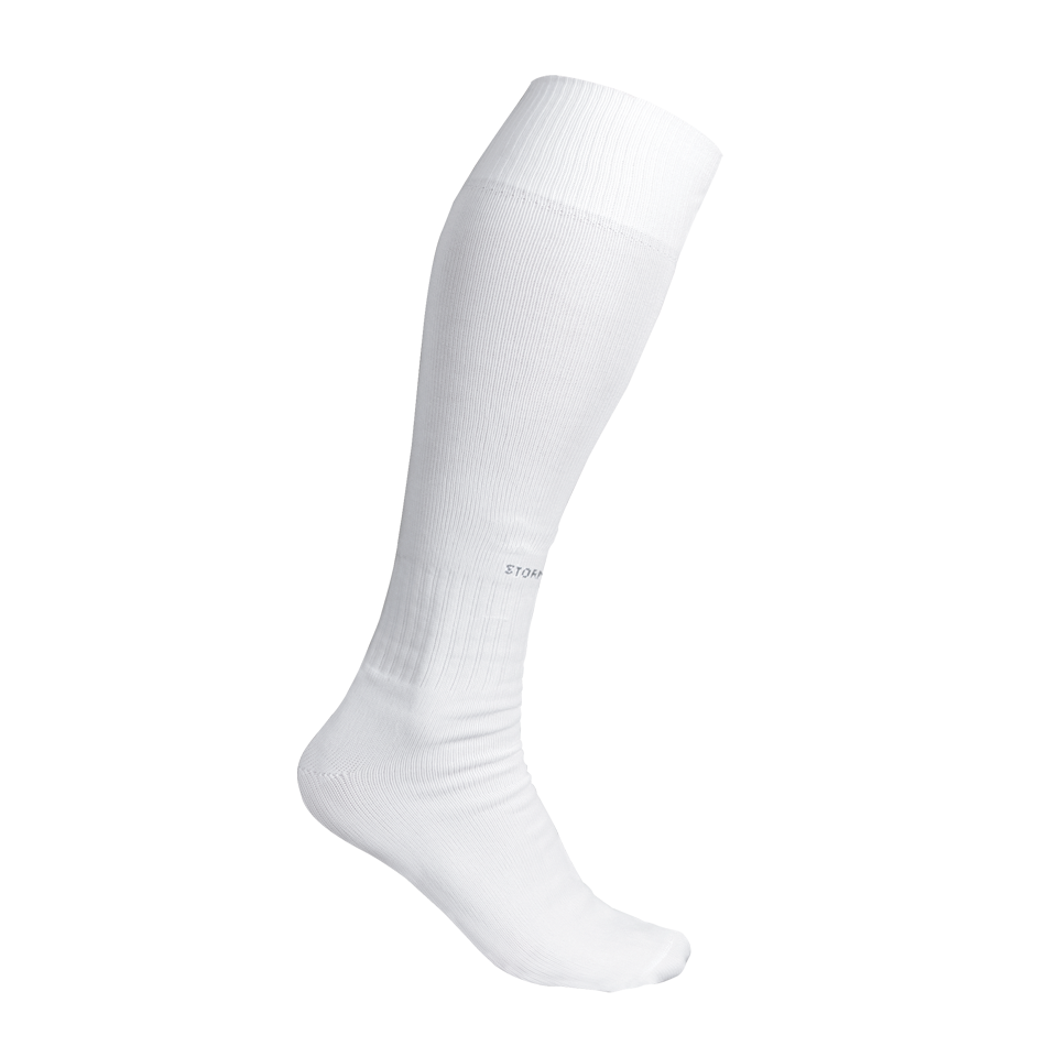 Single White Crew Sock Side View With Ribbed Cuff