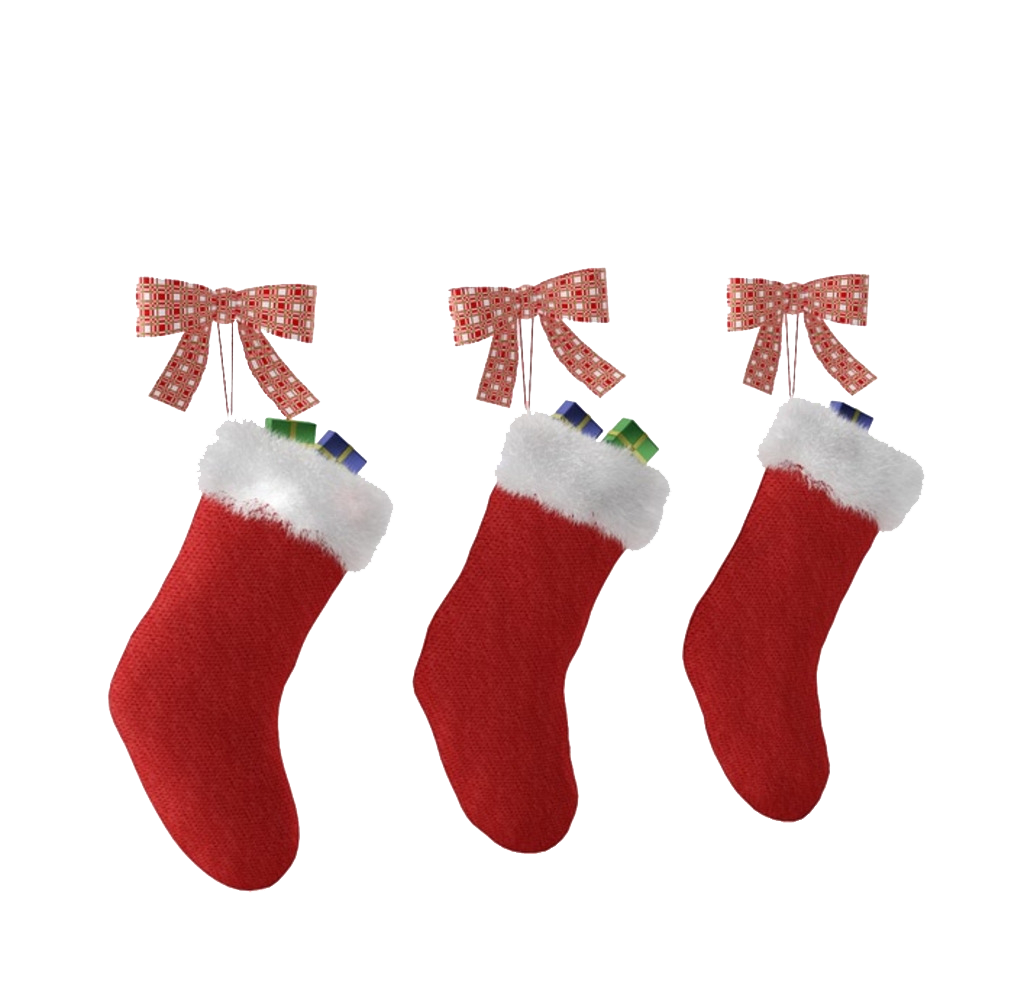 Three Red Christmas Stockings Hanging With Decorative White Bows