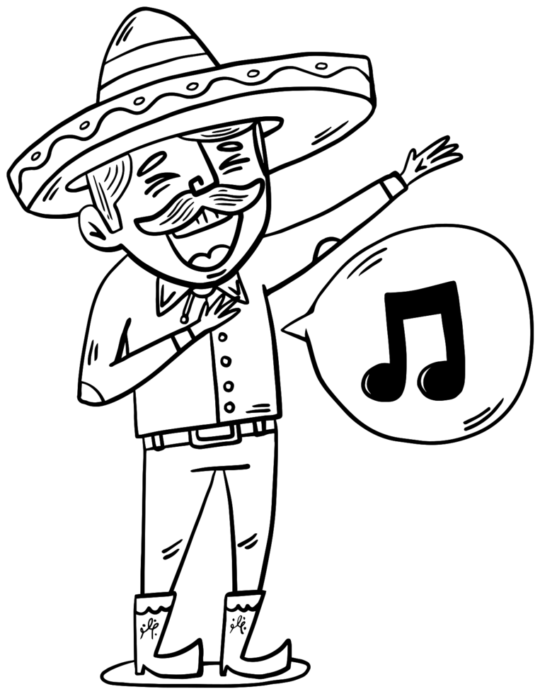 Black And White Line Art Of Mexican Musician Wearing A Sombrero