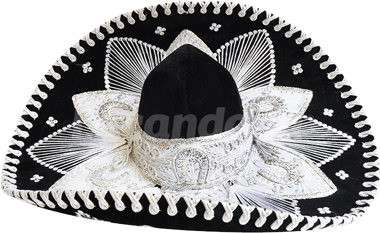 Black Charro Sombrero With Detailed White Embroidery And Wide Brim