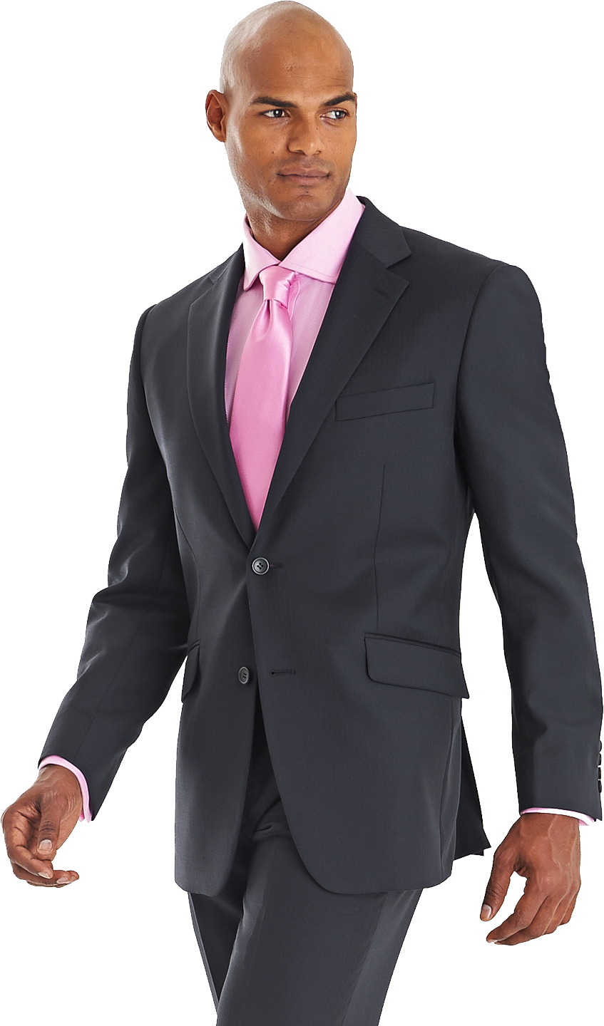 Bald Black Businessman Wearing Charcoal Suit And Bright Pink Tie