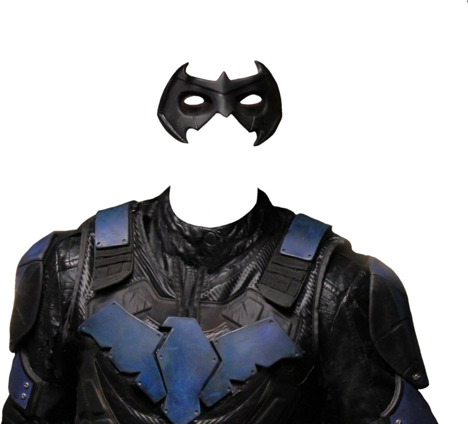 Black Armored Superhero Costume With Bat Mask And Blue Chest Emblem