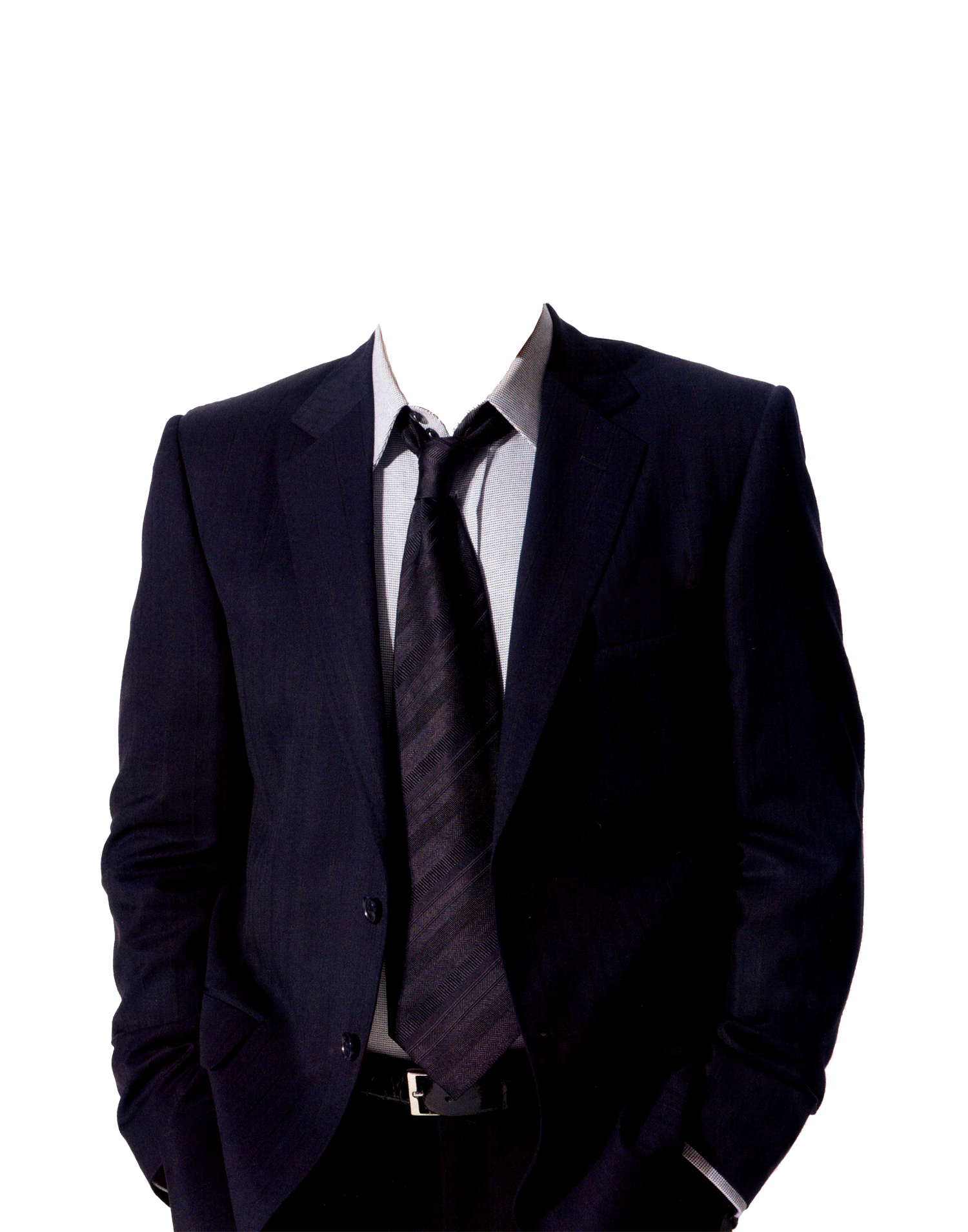 Black Business Suit Jacket With White Shirt And Dark Tie Torso View