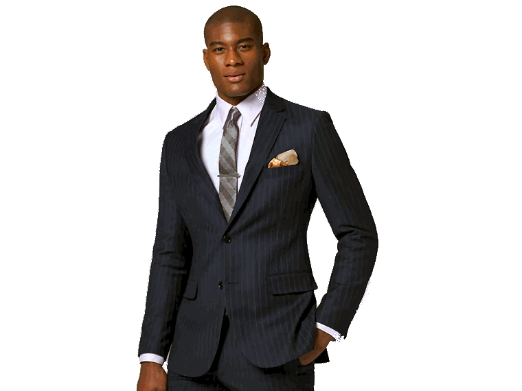 Black Man Wearing Navy Pinstripe Suit With Pocket Square