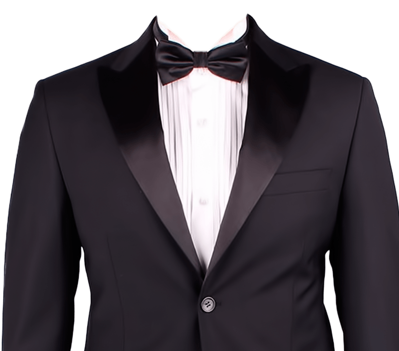 Black Tuxedo Jacket With Bow Tie And Pleated White Dress Shirt