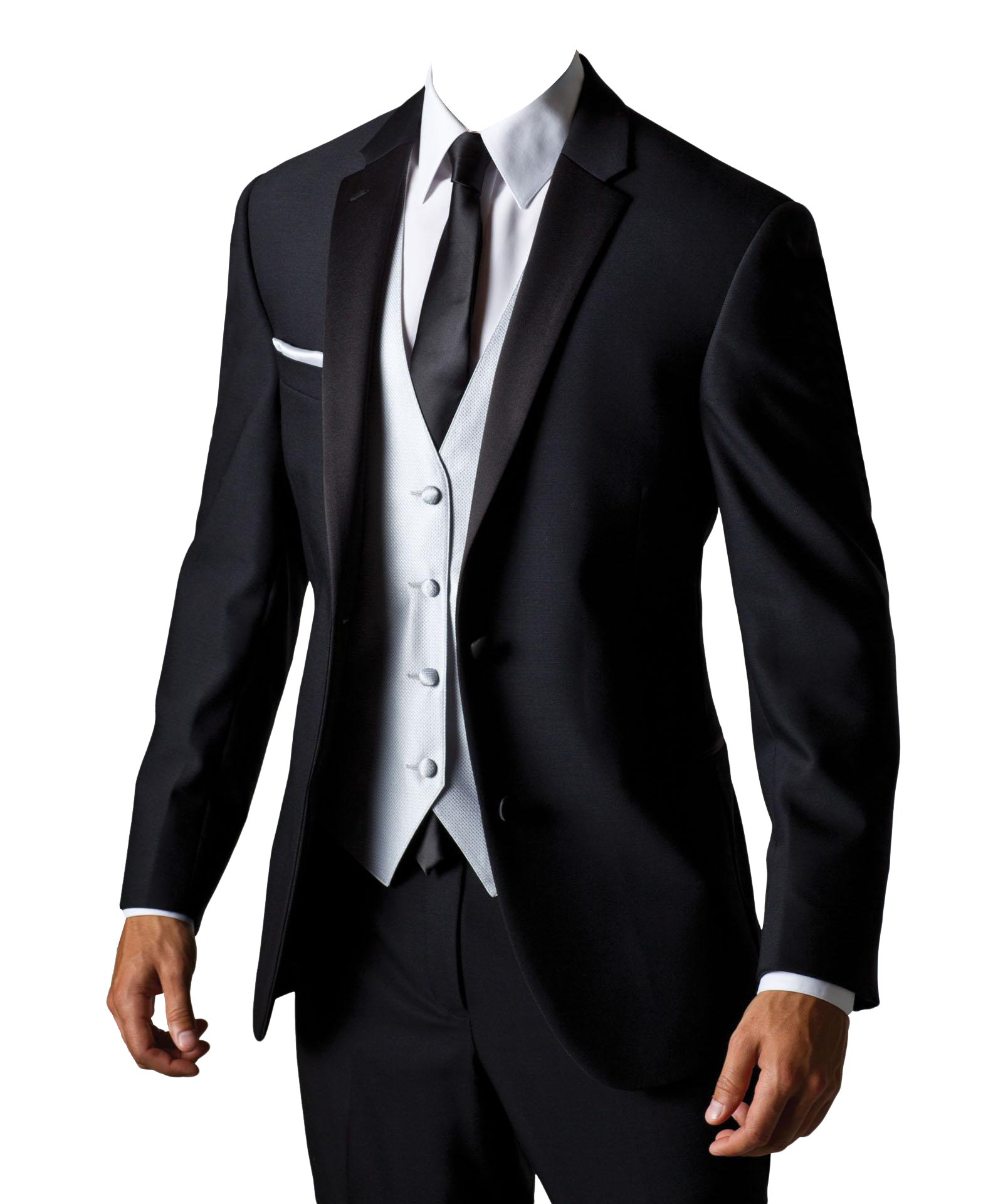 Black Tuxedo Jacket With Gray Vest And White Formal Shirt