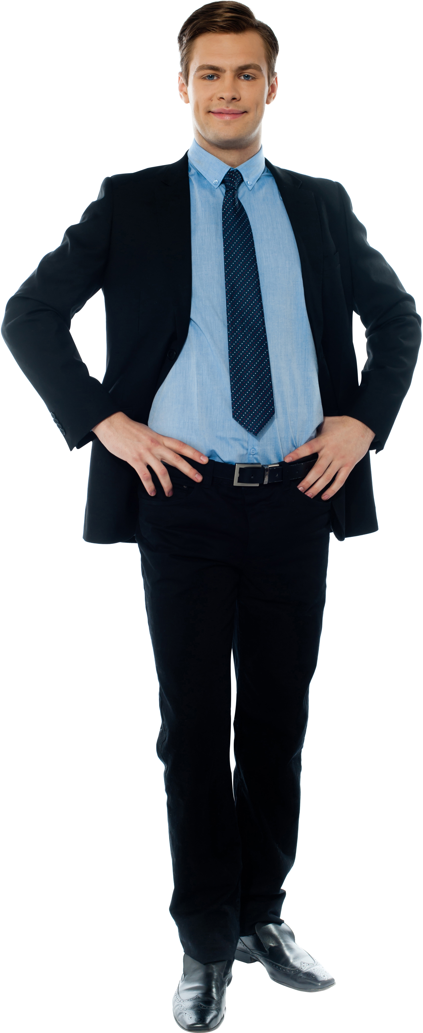 Businessman In Navy Blue Suit And Light Blue Tie Full Body Product Photo