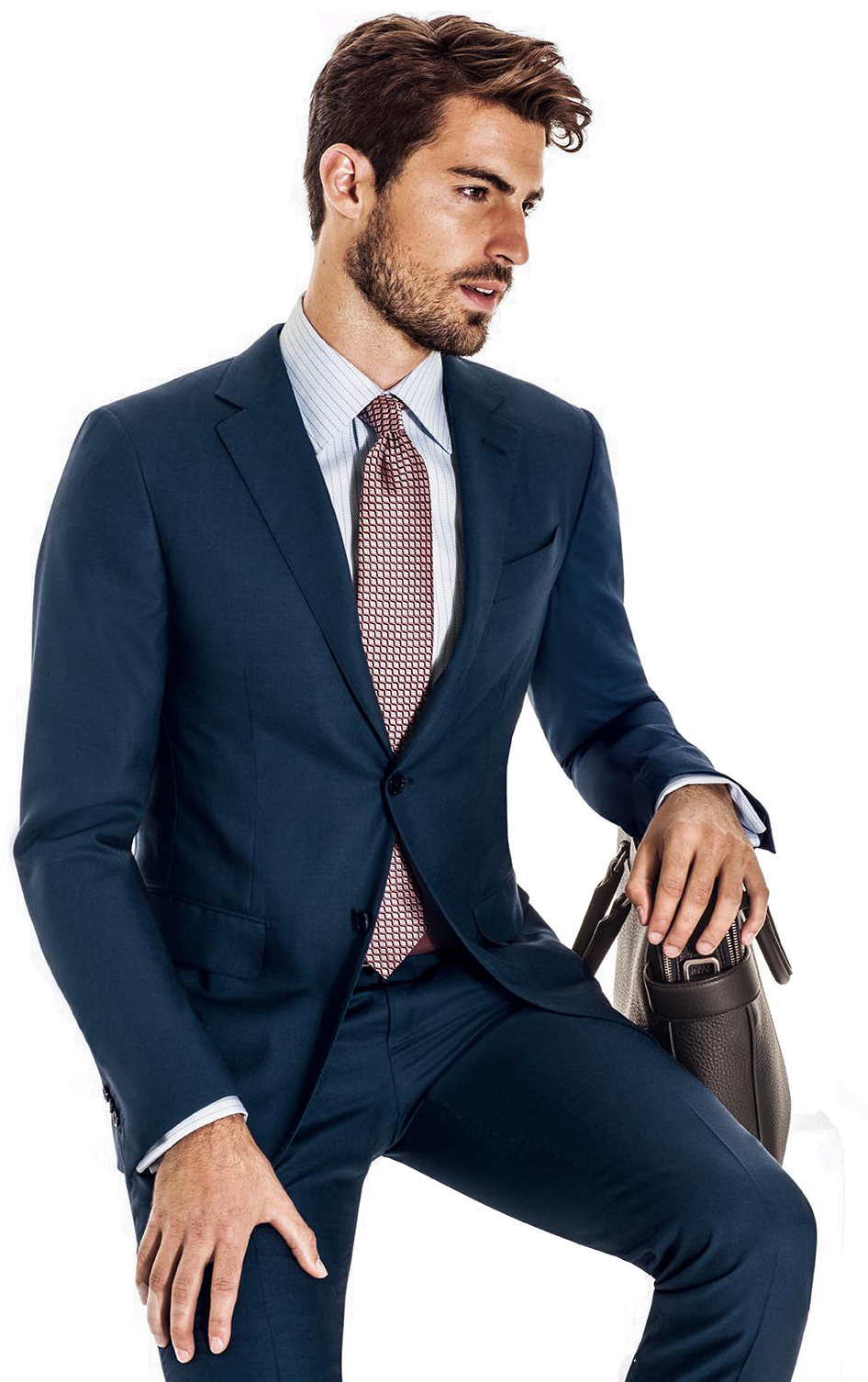 Confident Man Sitting In Navy Suit With Rose Pink Tie Portrait