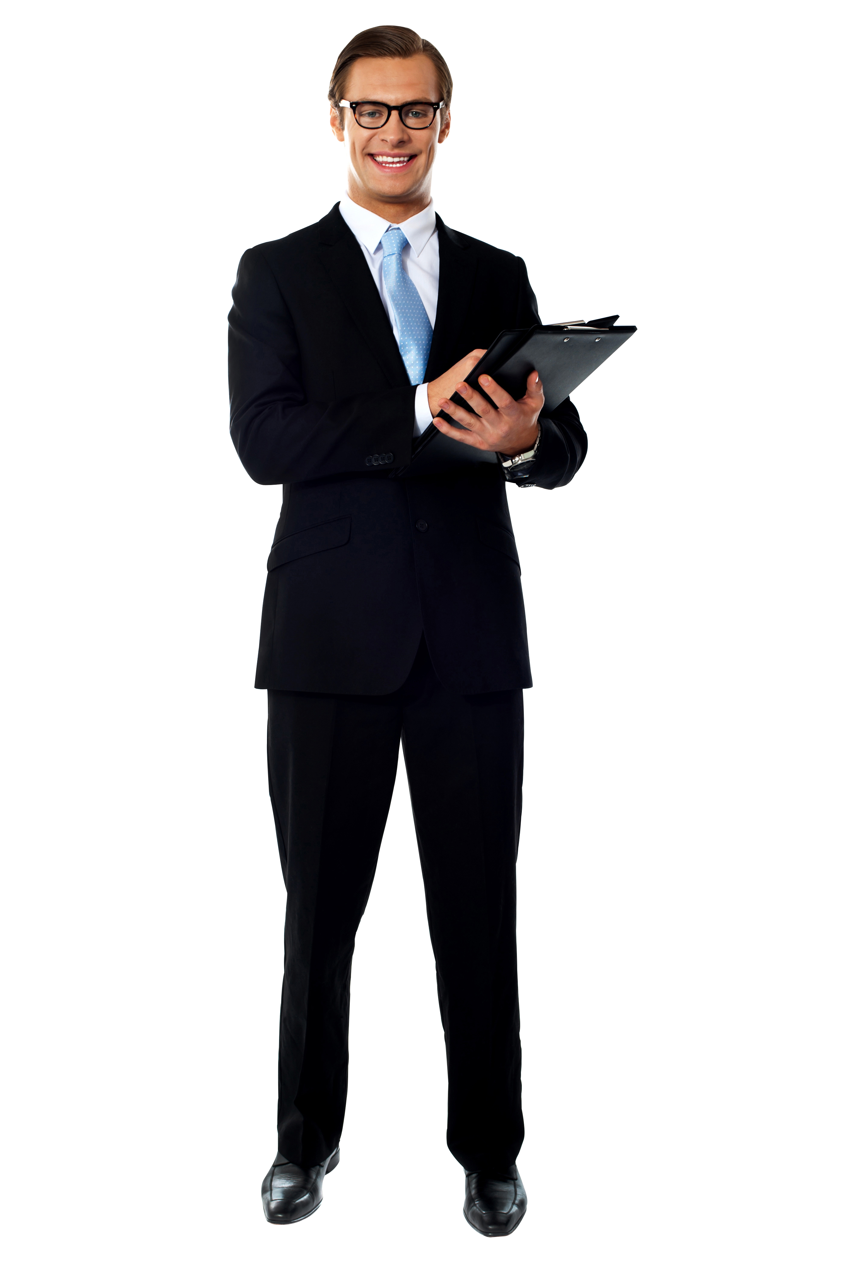 Full Length Businessman In Black Suit Holding Tablet And Briefcase