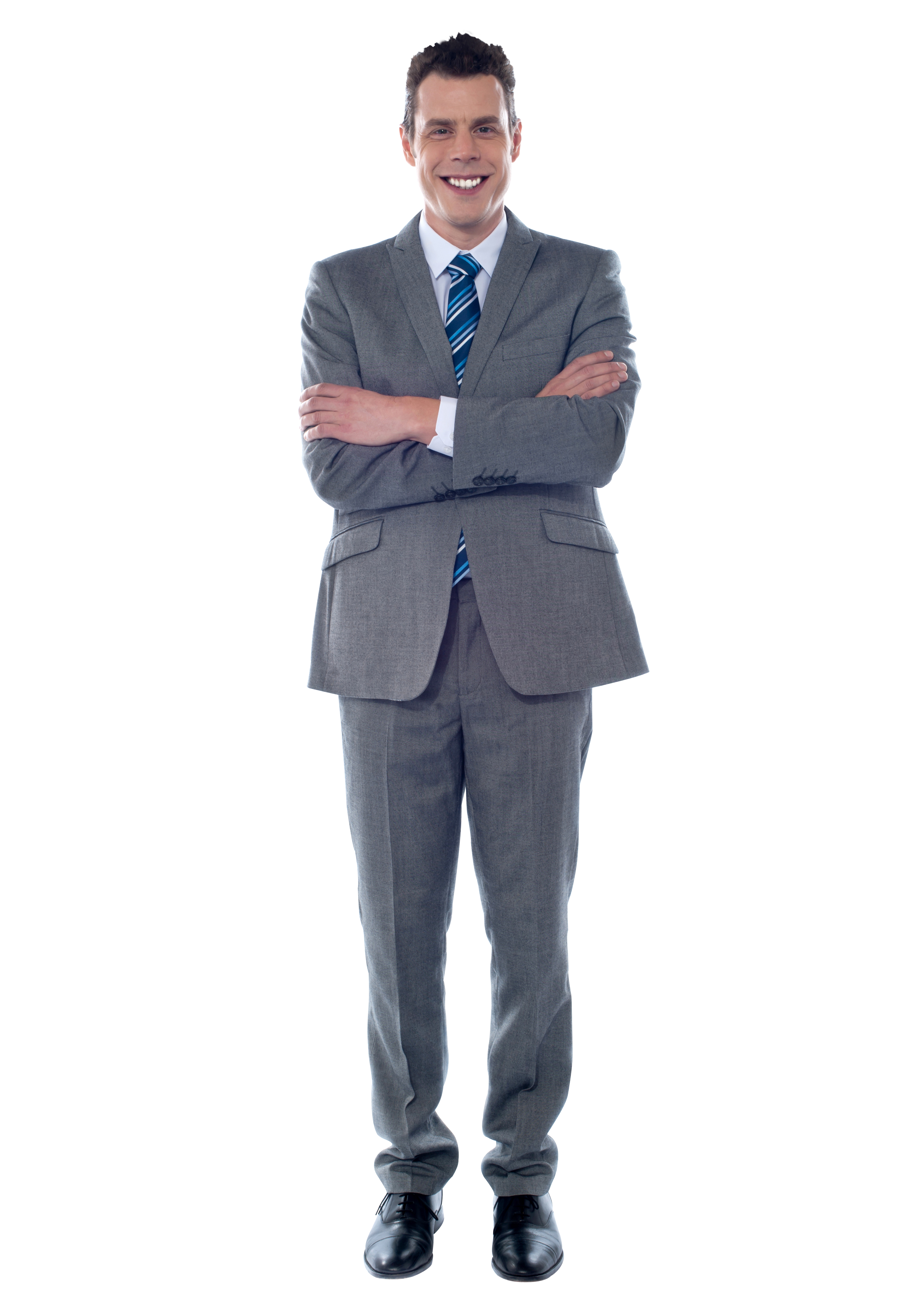 Man In Gray Business Suit Standing With Hands In Pockets