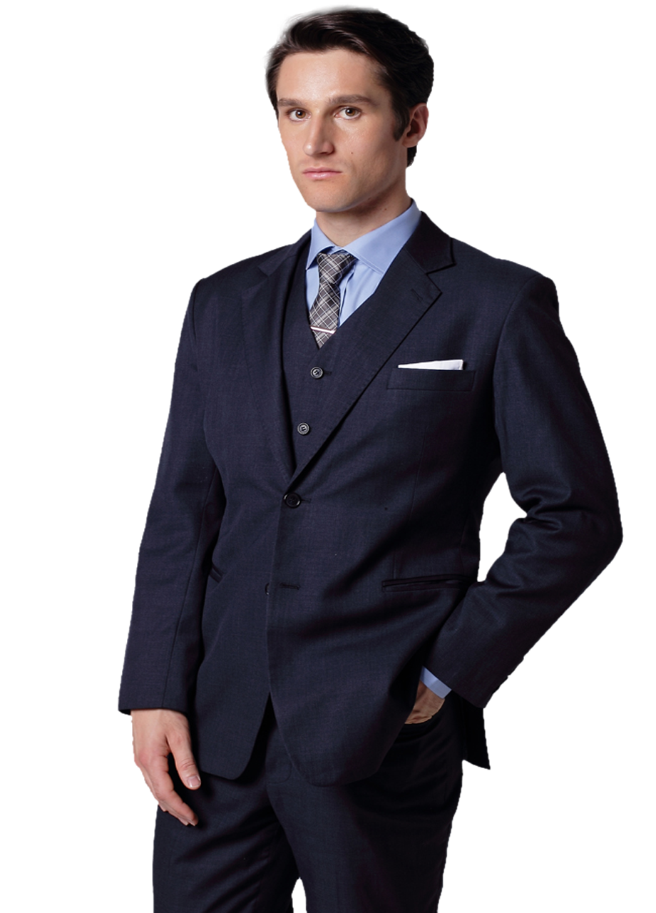 Man Modeling Navy Blue Business Suit With Blue Patterned Tie
