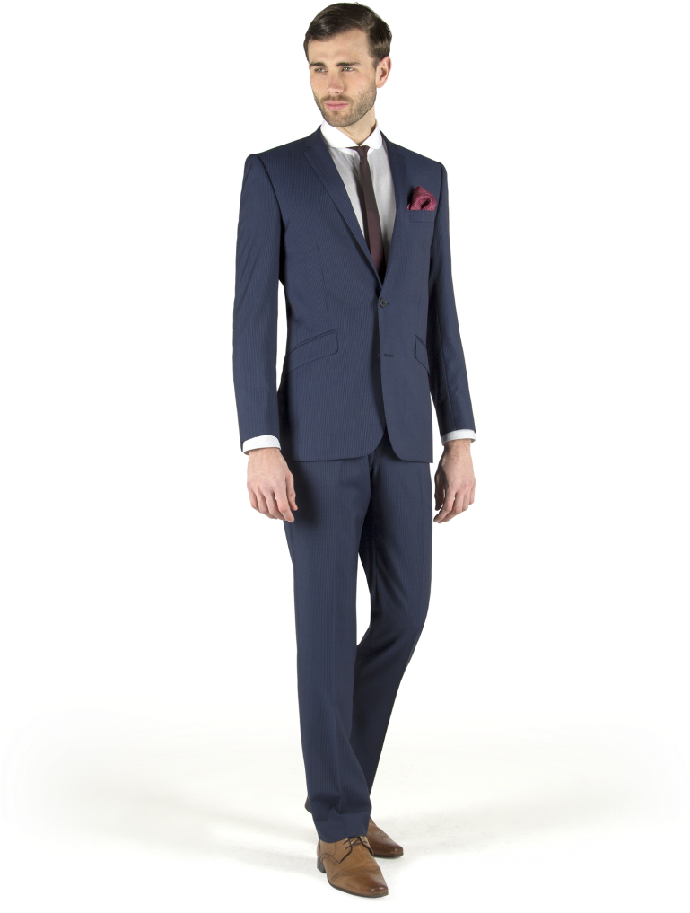 Man Walking In Dark Navy Business Suit With Brown Dress Shoes