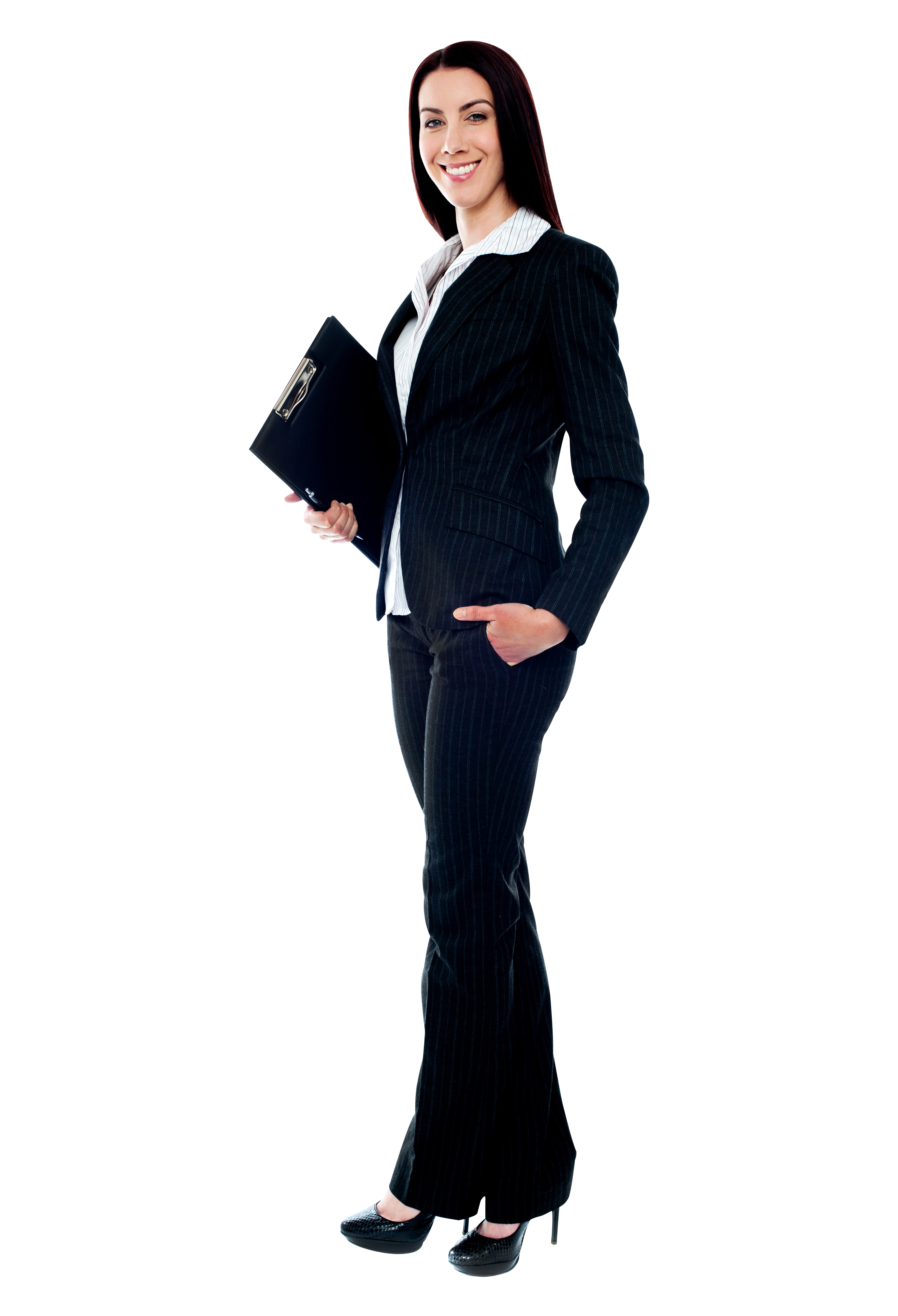Professional Woman In Navy Blue Suit Holding A Folder