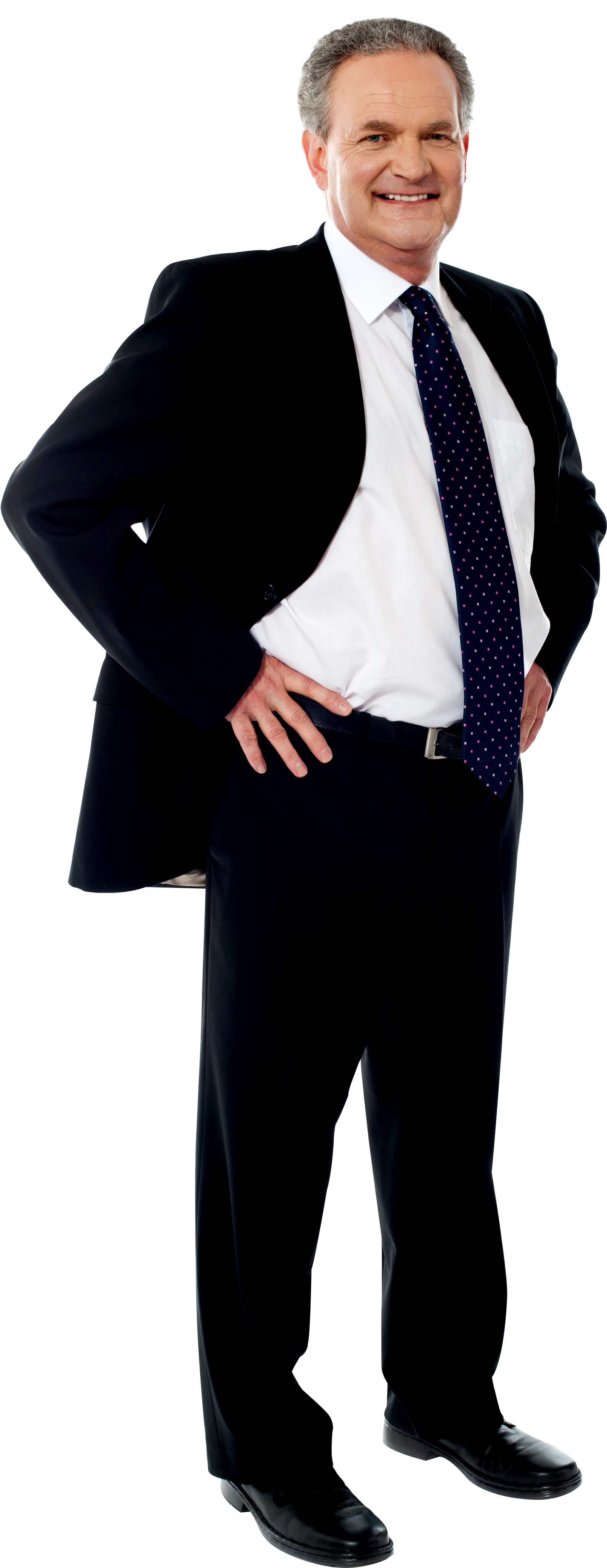 Senior Businessman In Black Suit Standing With Hands On Hips