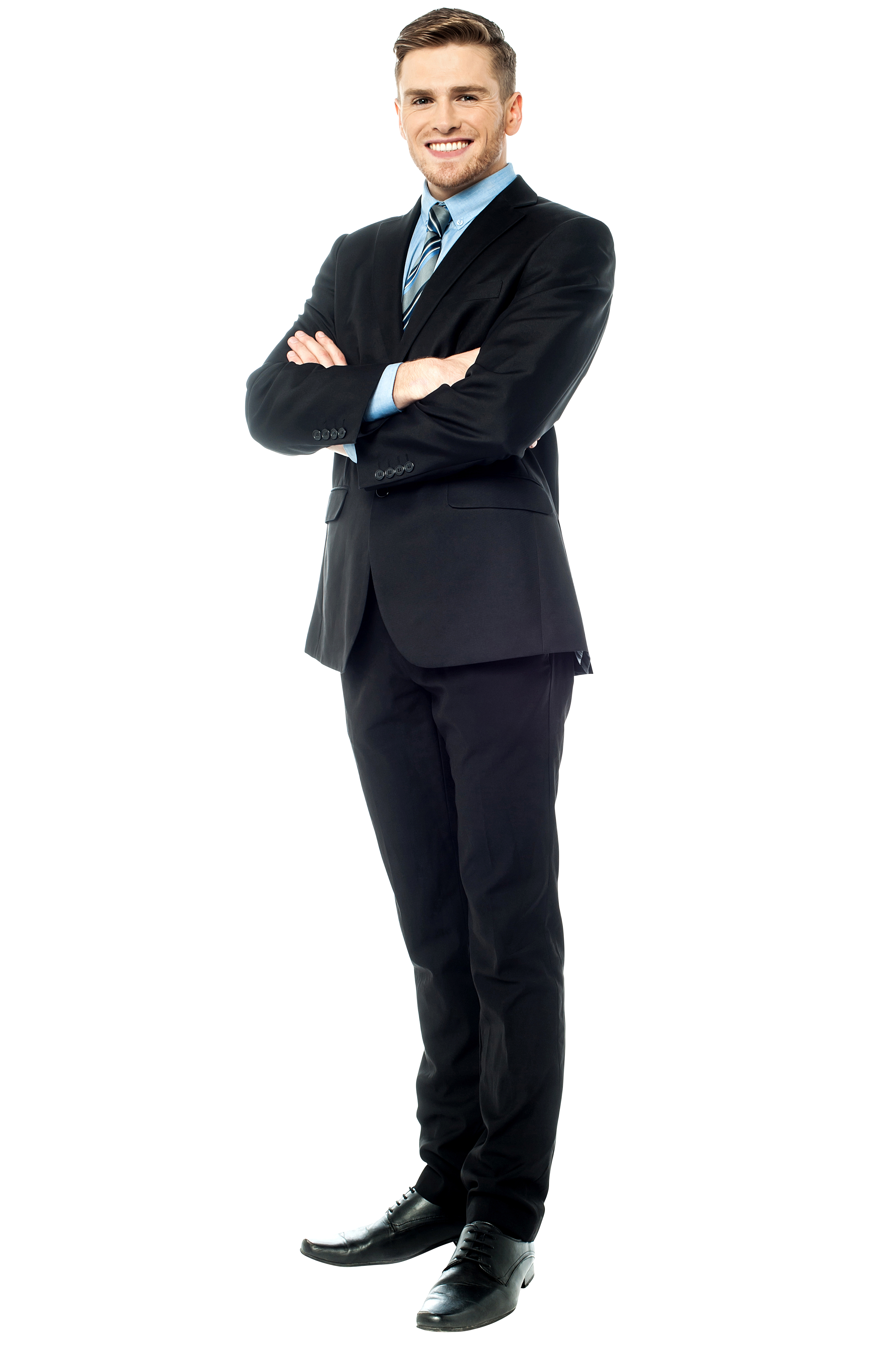 Smiling Businessman In Black Suit Standing With Arms Crossed