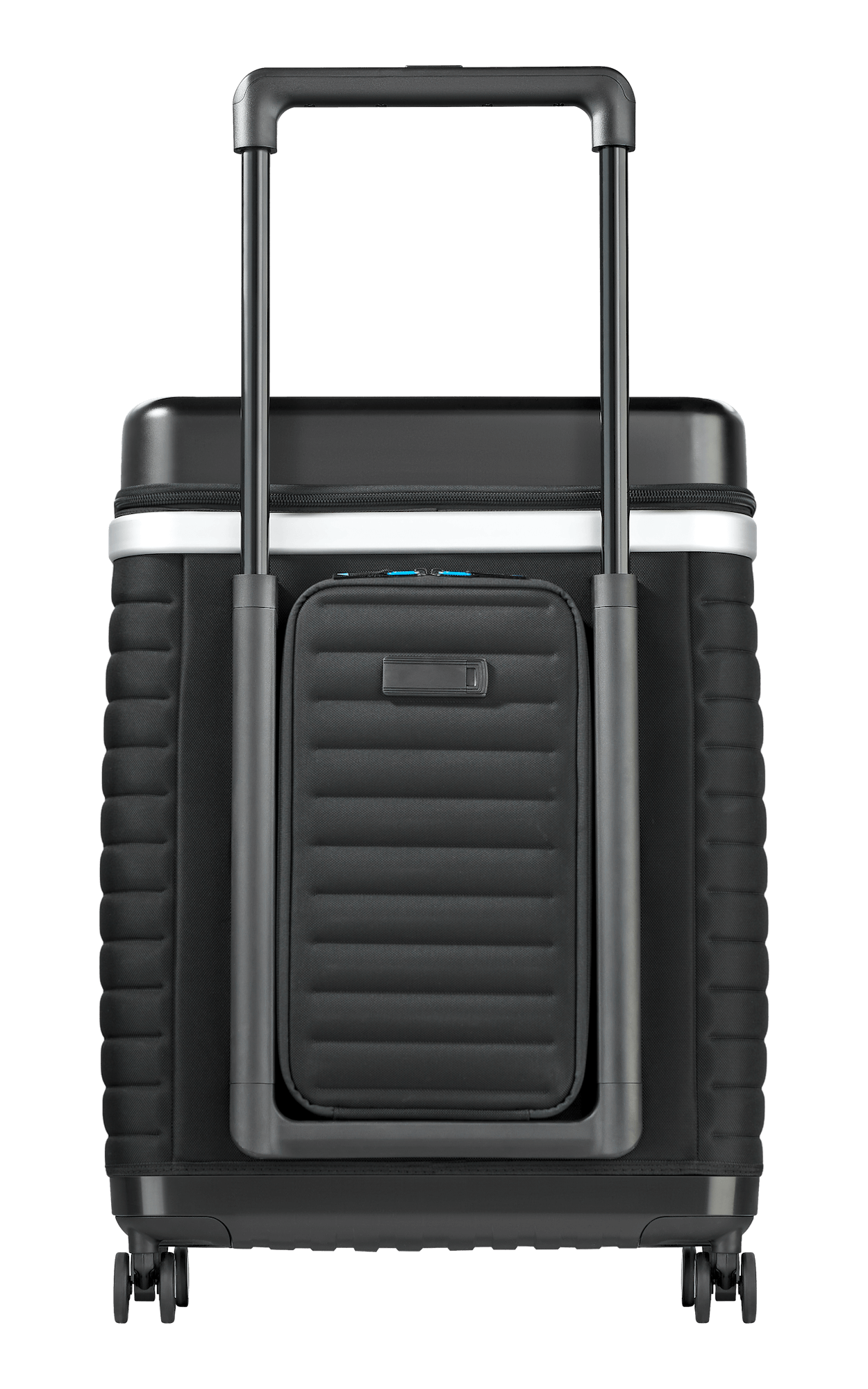 Black Ribbed Upright Rolling Suitcase Front And Side View Transparent PNG Image