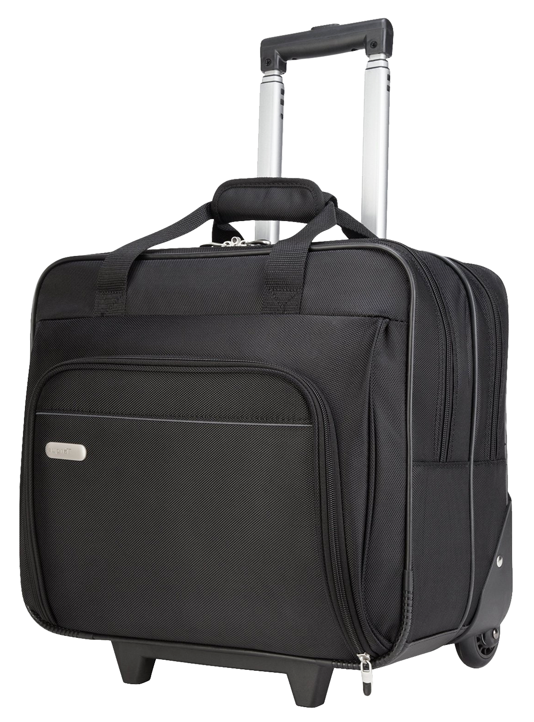 Black Soft Side Rolling Suitcase With Front Pockets Isolated PNG Graphic