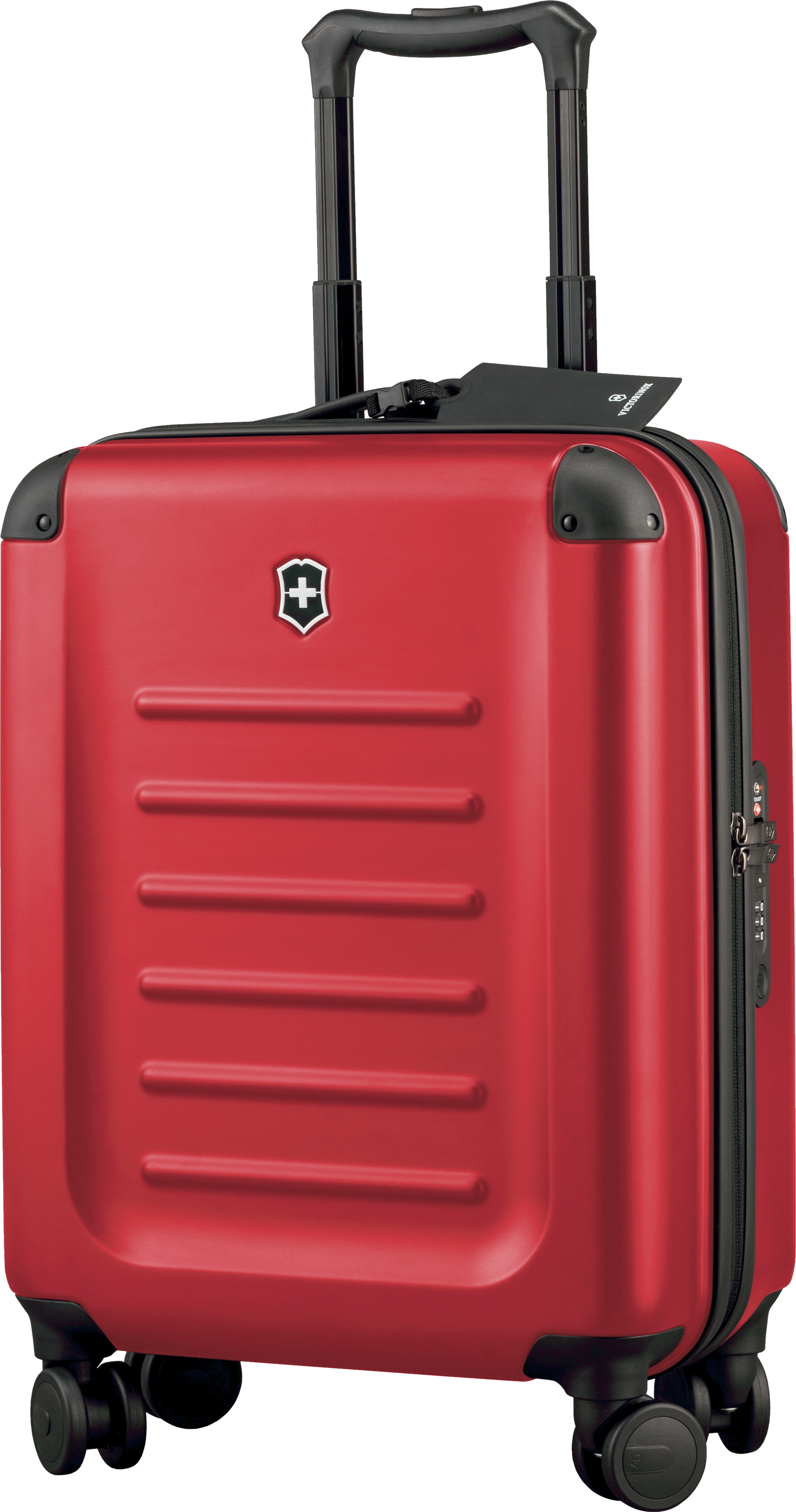 Red Hard Shell Spinner Suitcase With Front Ridges Isolated Transparent PNG