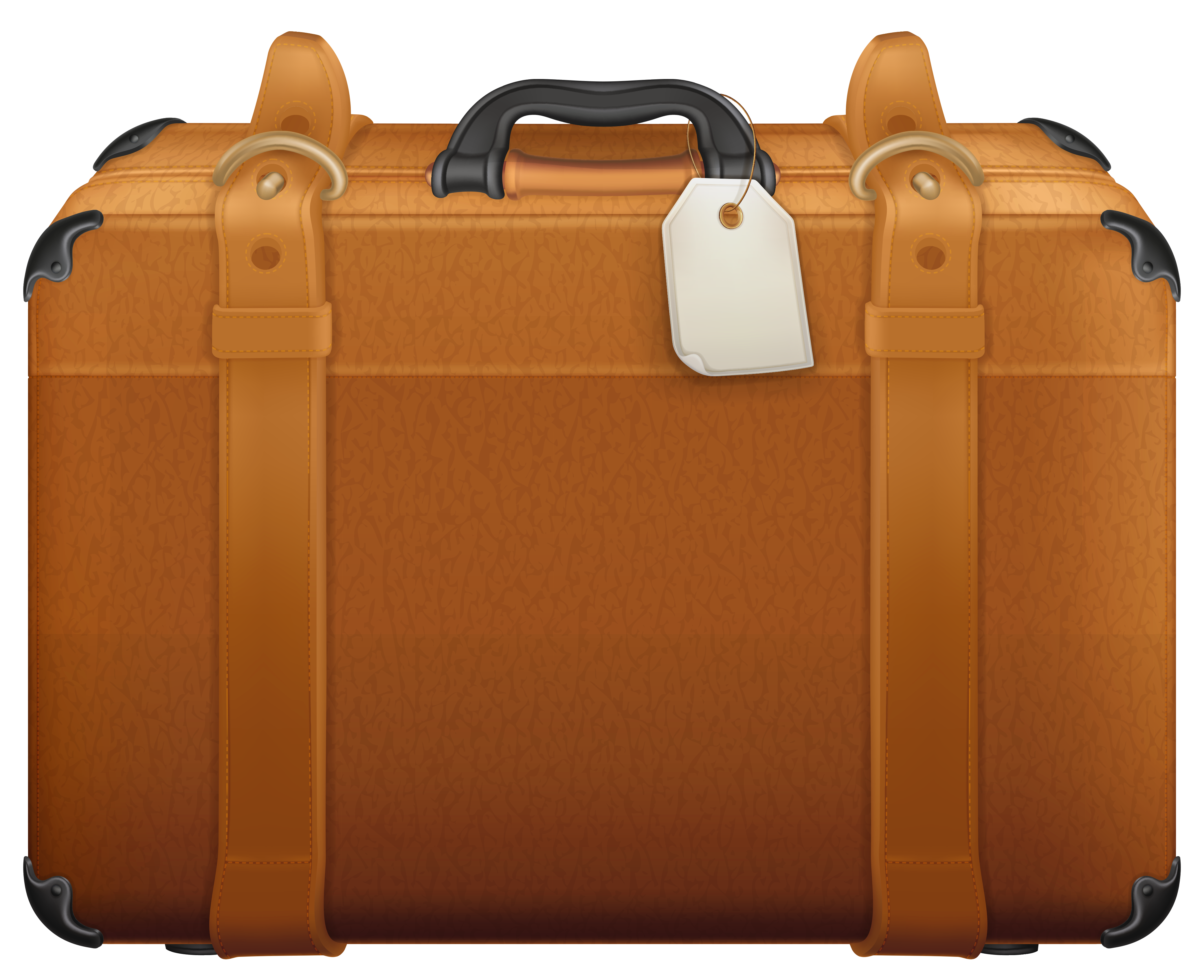 Tan Vintage Leather Suitcase With Straps And Luggage Tag Transparent PNG